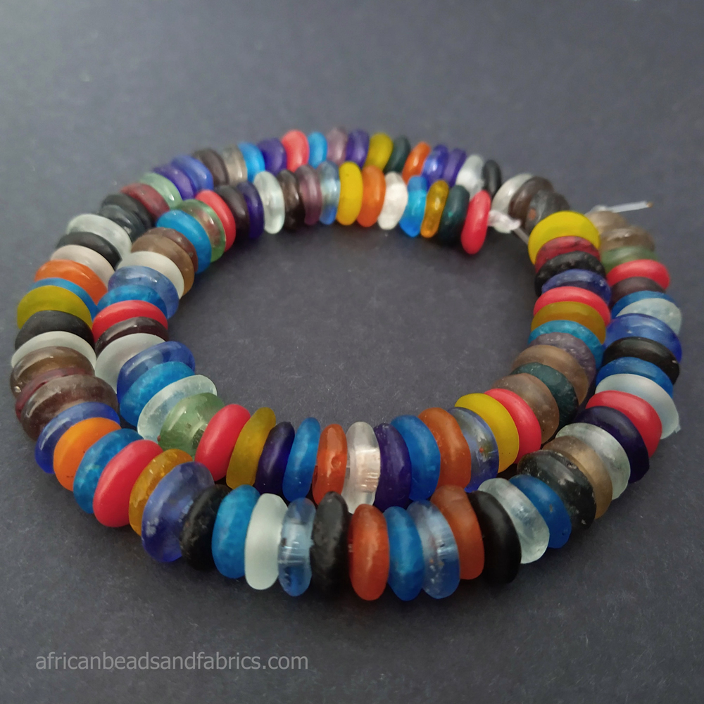 African-Beads-Ghana-Krobo-Recycled-Glass-Translucent-Disc-Donuts-Mixed-Lot-Strand