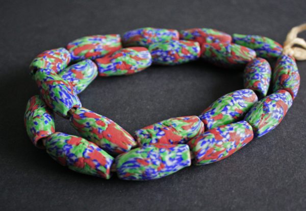 African-Beads-Ghana-Krobo-Refashioned-Glass-Bicones-30-to-35mm-red-green-blue