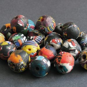 African-Beads-Large-Ghana-Refashioned-Round-Glass-beads-Black-Rainbow-25-to-30-mm
