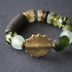 African-Bracelet–stretchy-Recycled-Glass-Green-and-Brass.full-view