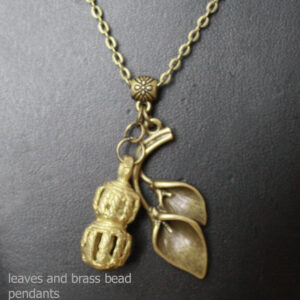 Dainty-Chain-Necklace-Pendant-Antique-Brass-Leaf-Double-Tier-Brass-Beads-close-up