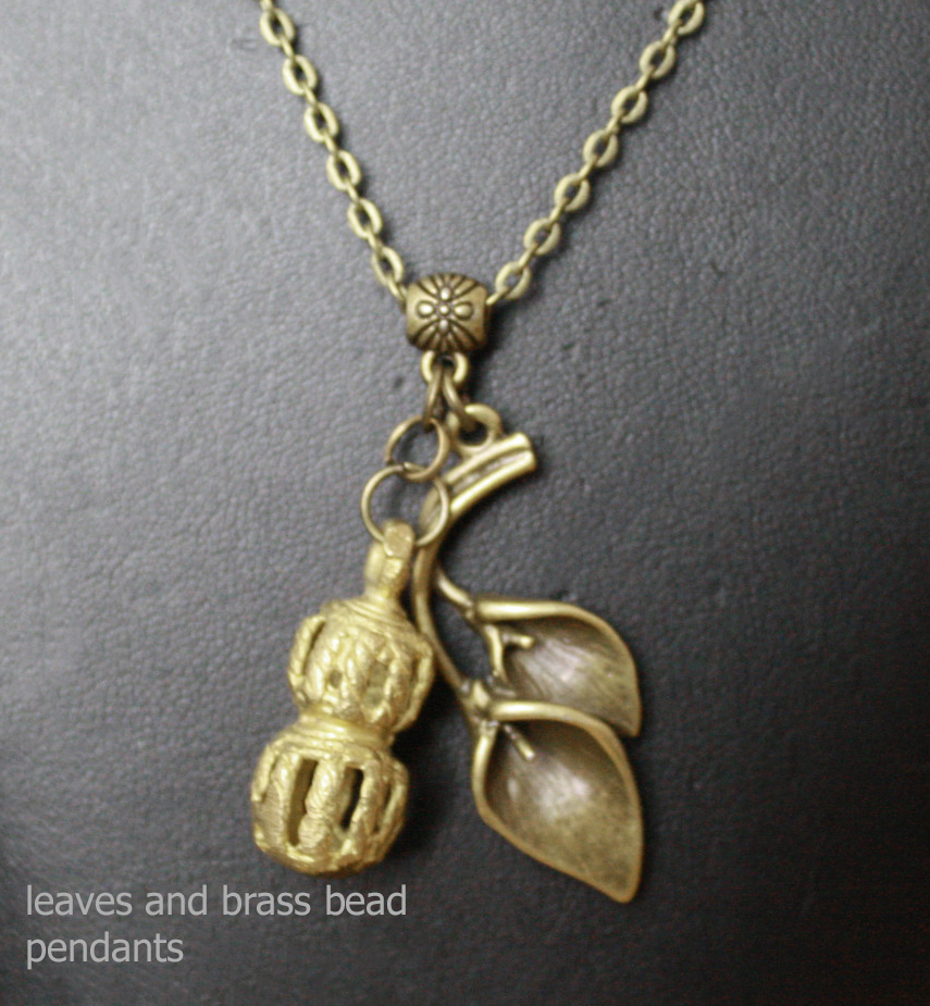 Dainty-Chain-Necklace-Pendant-Antique-Brass-Leaf-Double-Tier-Brass-Beads-close-up