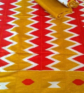 Kente-Fabric-Ghana-Handwoven-Ethnic-Cloth-Red-and-Gold-full-length