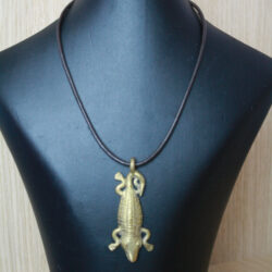 African Brass  Gecko Pendant Necklace Brown Leather Cord, Unisex, 16 inches