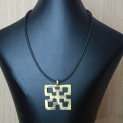 African Pendant Necklace with Brass Adinkra Nsaa on Black Buffalo Leather Cord, Unisex, 16 inches