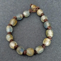 Knotted Recycled Glass Bracelet with Distressed Leather Cord, 7 inches, Unisex