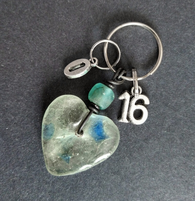 Small-Heart-recycled-glass-Key-Ring-with-age-and-initial-charms Small-Heart-recycled-glass-Key-Ring-with-age-and-initial-charms