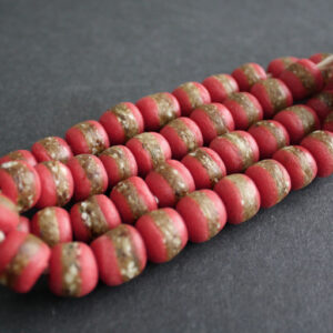 Red-African-Beads-Ghana-Krobo-Recyled-Glass-Round-13-to-15-mm-with-gold-strip