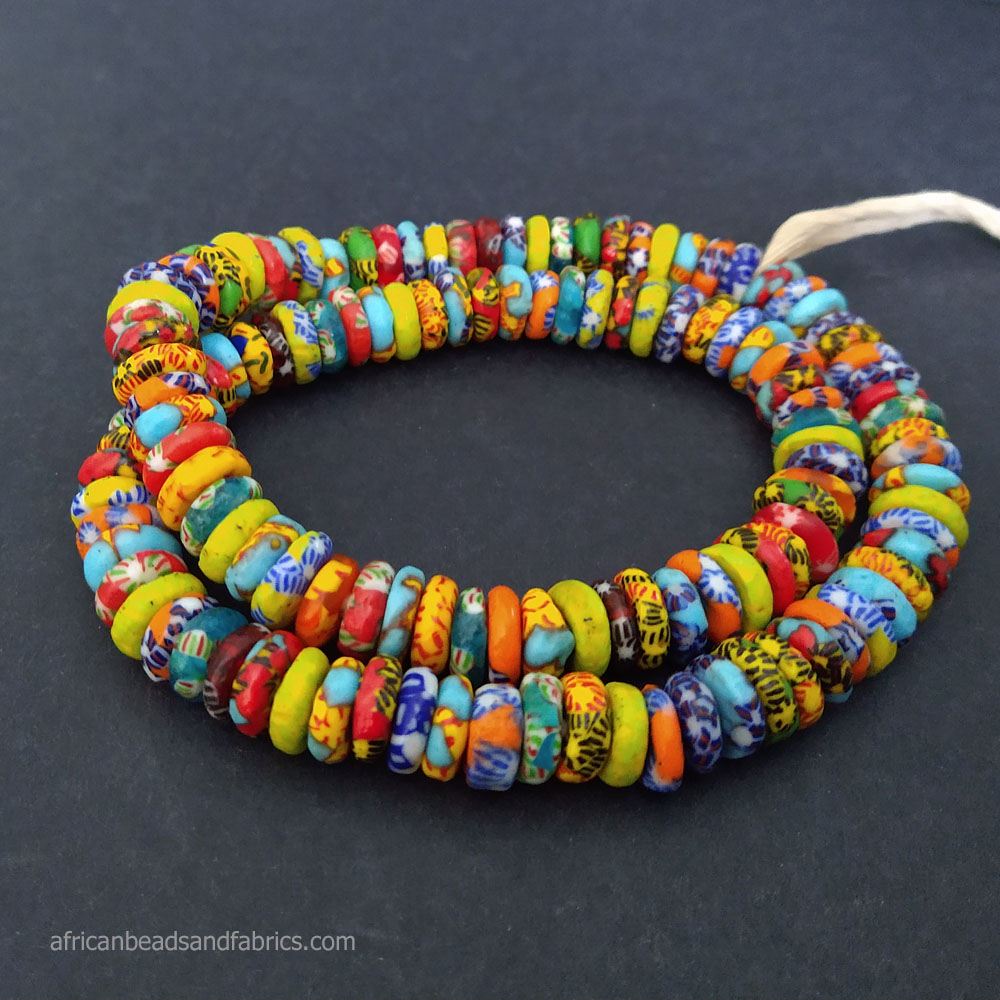 Mixed Lot African Doughnut Beads, Ghana Krobo Refashioned Glass Full Strand
