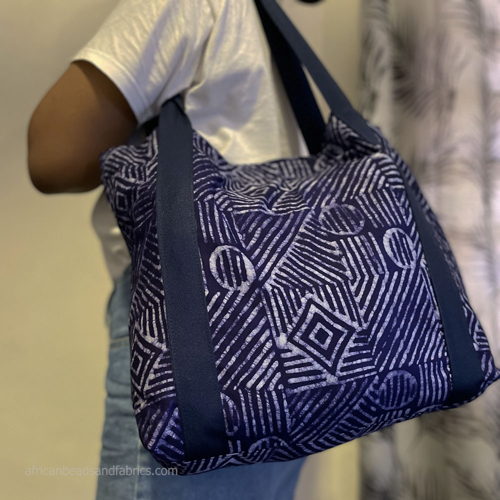 African Cotton Print Tote Bag Navy Blue 2