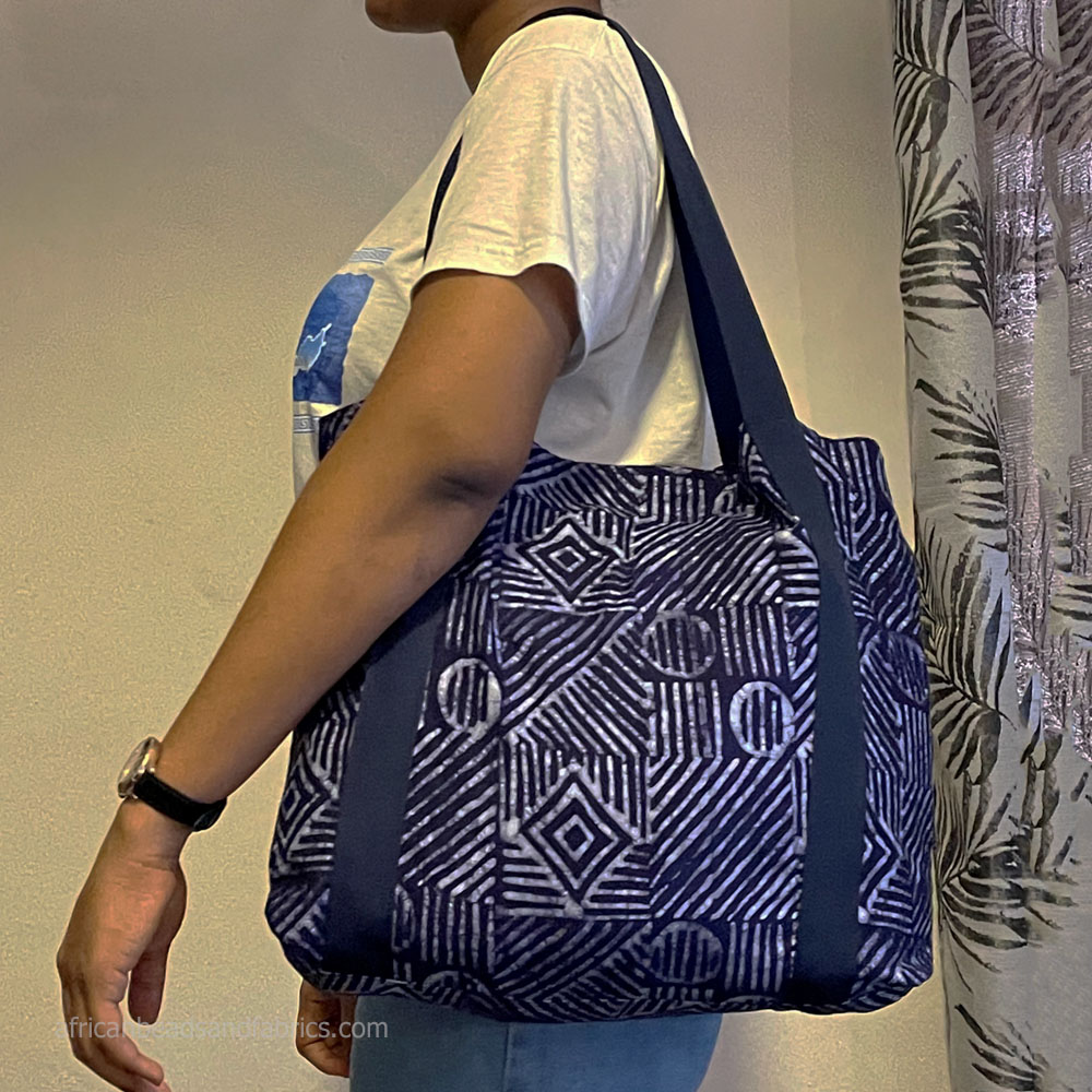 African Cotton Print Tote Bag Navy Blue