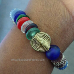 African Stretchy Bracelet, Ghana Recycled Glass & Brass Beads,Multi Coloured