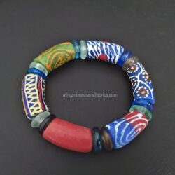 Stretchy Bracelet, African Jewellery Krobo Ghana Recycled Glass Tube & Disc Beads, 7inches