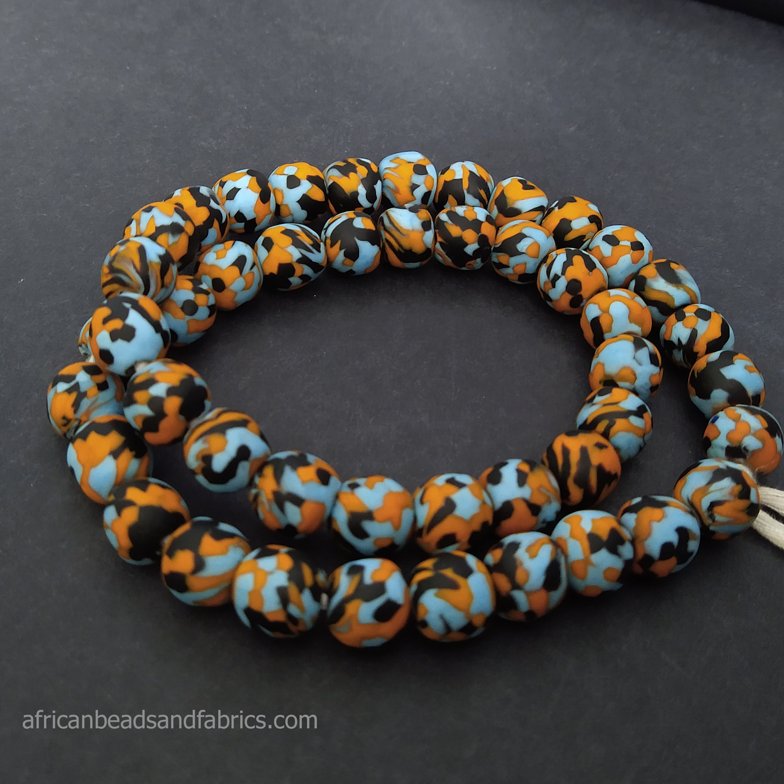 Afican-Beads-Ghana-Refashioned-Glass-Round-13-to-15mm-Orange-Turquoise