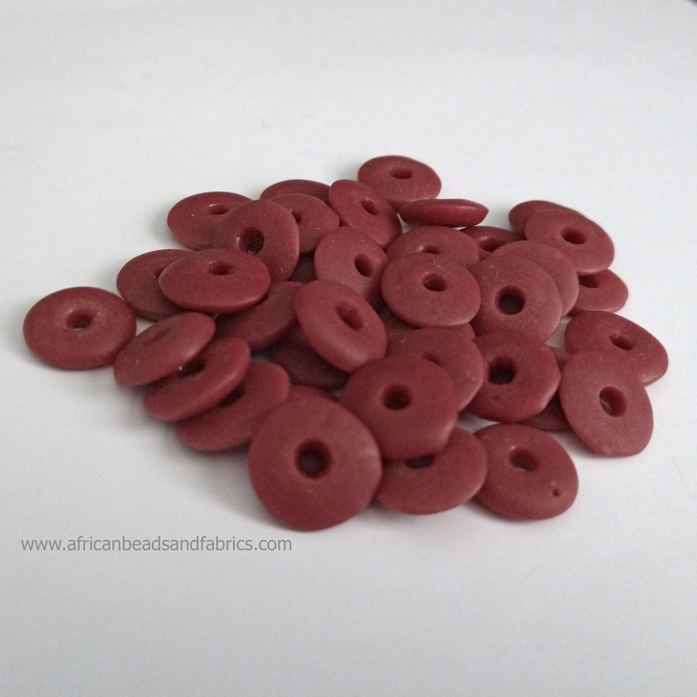 African-Beads-Ghana-Krobo-Ethnic-Recycled-Glass-Doughnut-Discs-14mm-dark-red