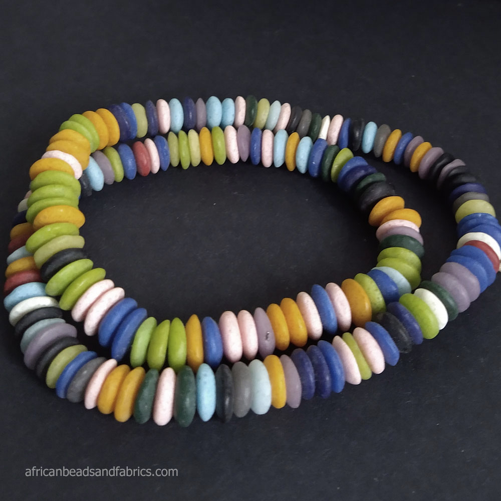 African-Beads-Ghana-Krobo-Ethnic-Recycled-Glass-Doughnut-Discs-10-to-11mm-multicolour-40-pack