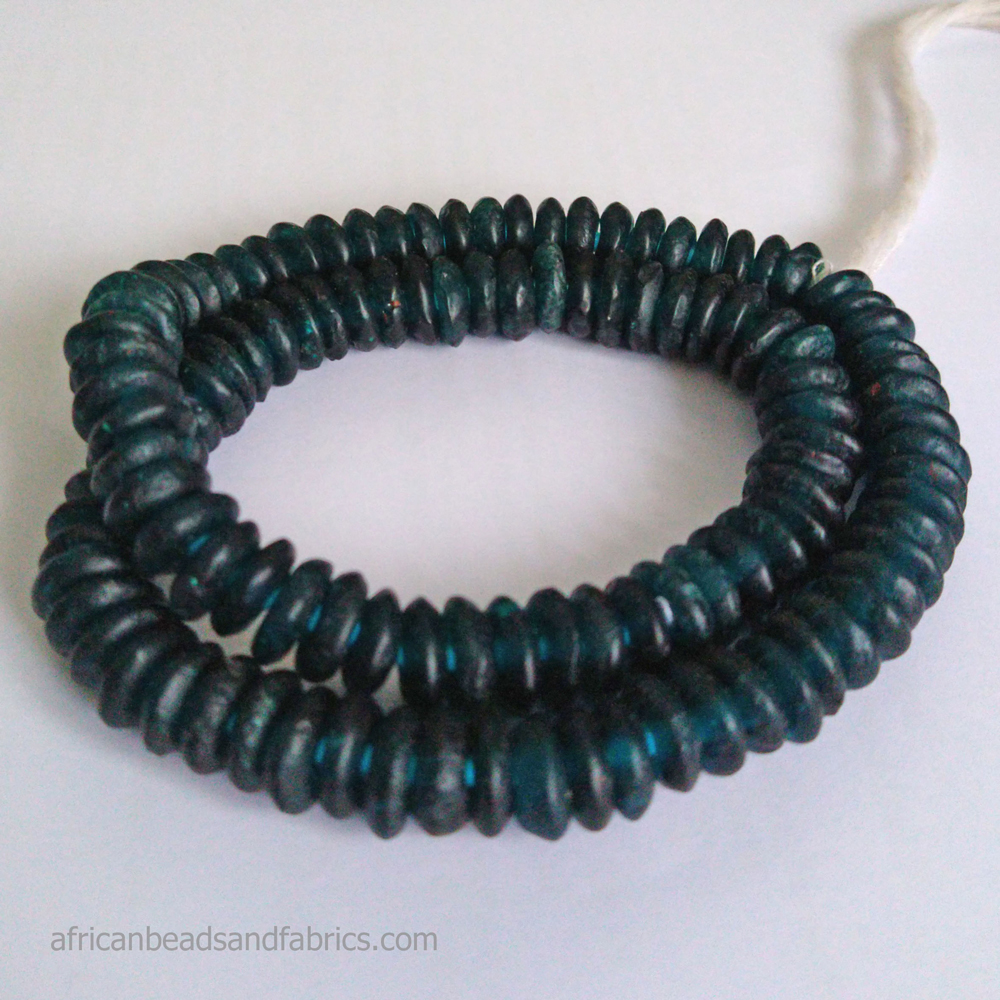 African-Beads-Disc-Doughnut-Spacers-Recycled-Glass-Petrol-Blue