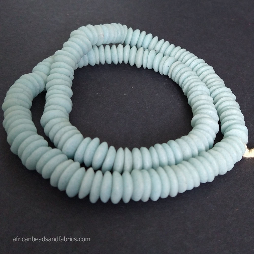 African-Beads-Ghana-Krobo-Ethnic-Recycled-Glass-Doughnut-Discs-pale-blue-10-to-11mm