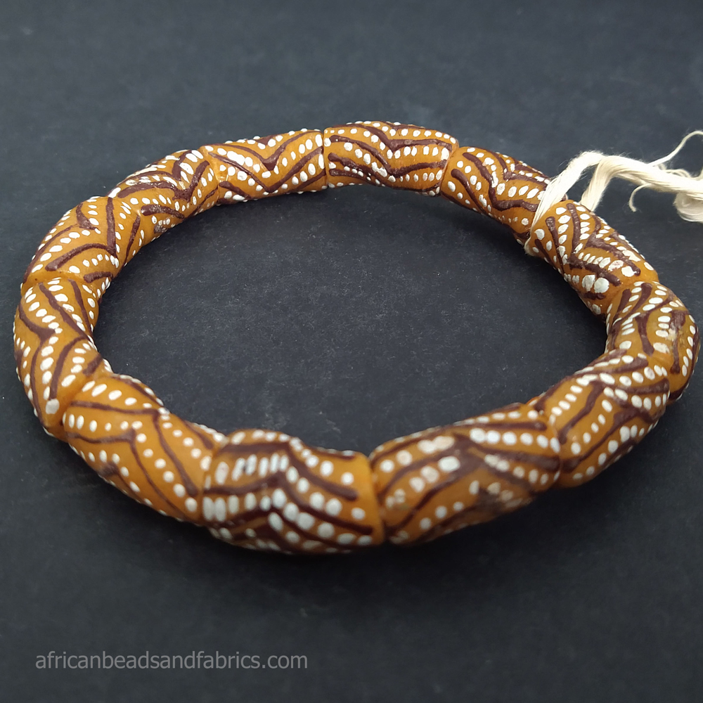 African-Glass-Beads-Handmade-tubes-gold-brown