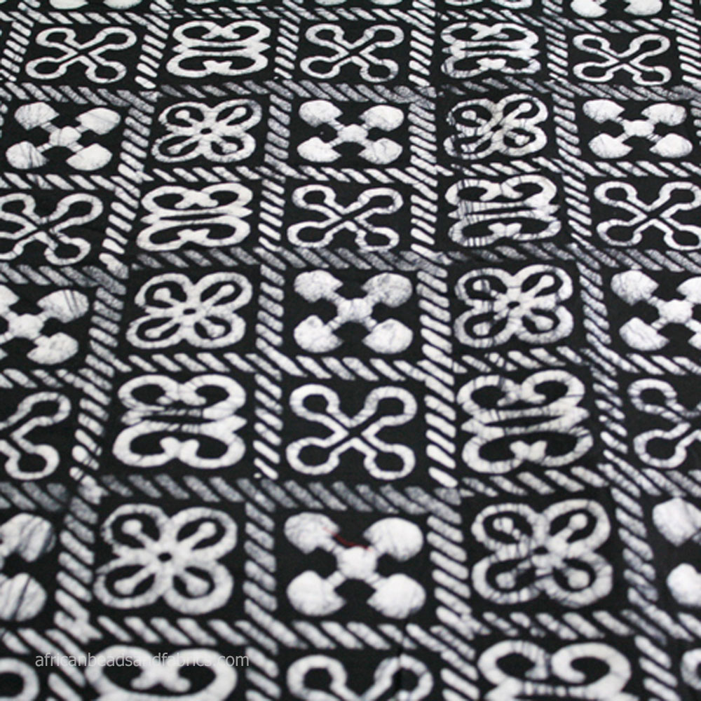 African Batik Fabric Ghana Cotton Adinkra Print black and white