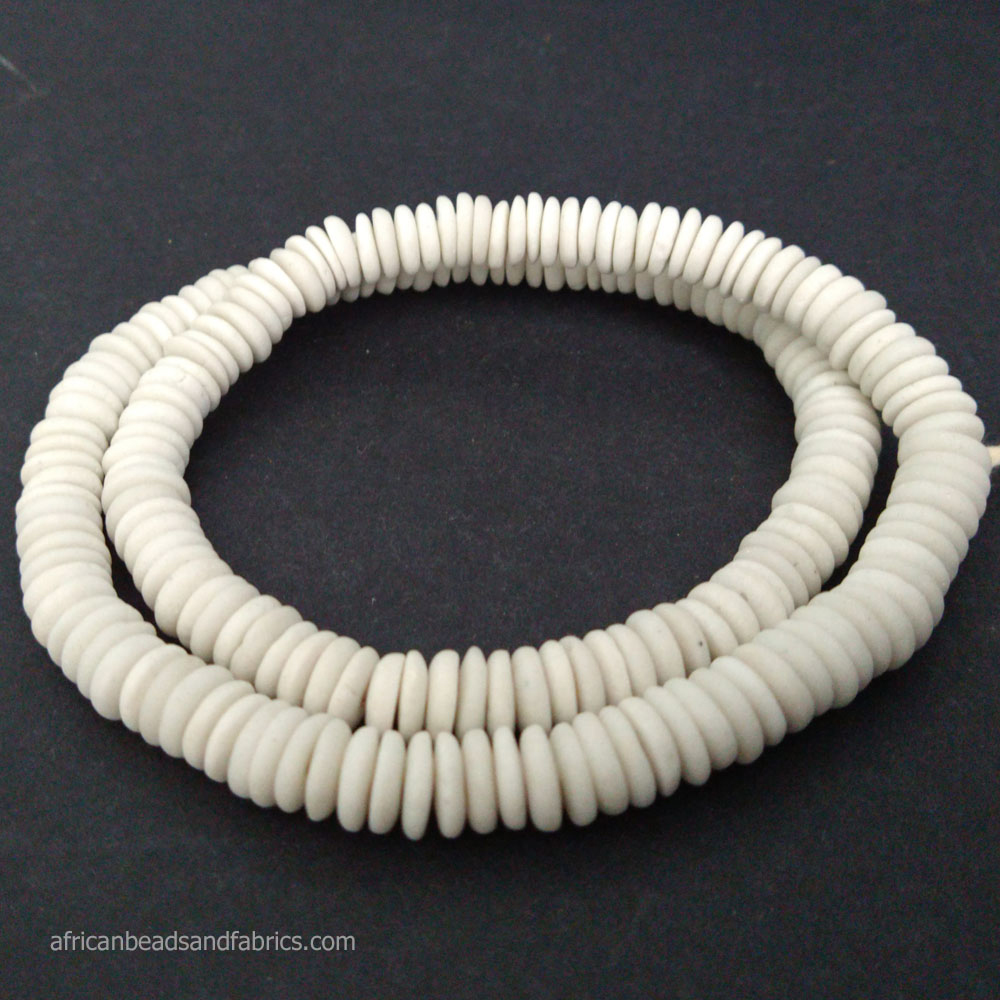 African-Beads-Ghana-Krobo-Ethnic-Recycled-Glass-Doughnut-Discs-White-10-to-11mm-strand