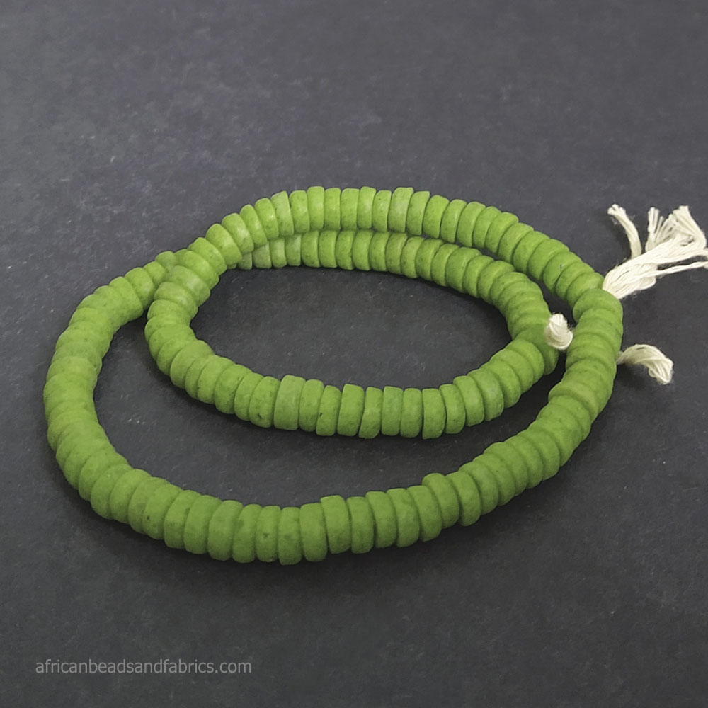 African-Beads-Krobo-Ghana-Recycled-Glass-Disc-Spacers-7mm-lime-green