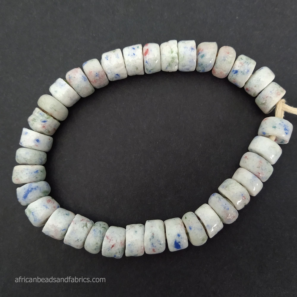 African Recycled Glass Beads Speckled White Tubes strand African Recycled Glass Beads Speckled White Tubes strand