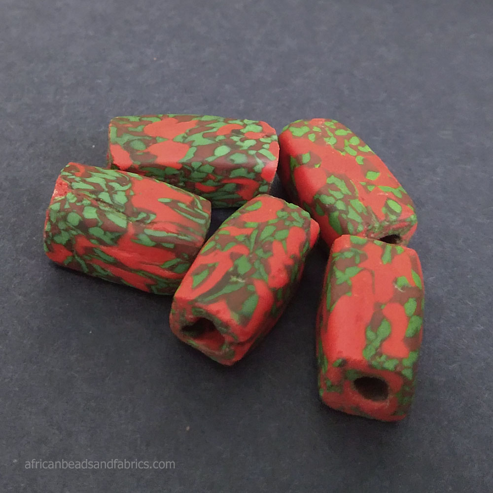 African Glass Cuboid Beads Red and Green