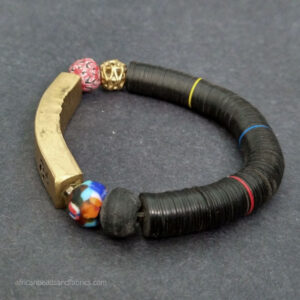 Stretchy vinyl disc and glass bead bracelet with brass bar 2 Stretchy vinyl disc and glass bead bracelet with brass bar 2