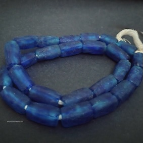 Mottled Blue African Cuboid Beads, Ghana Krobo Recycled Glass Handmade