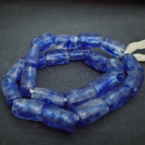 Large Mottled Blue African Cuboid Beads, Ghana Krobo Recycled Glass Handmade