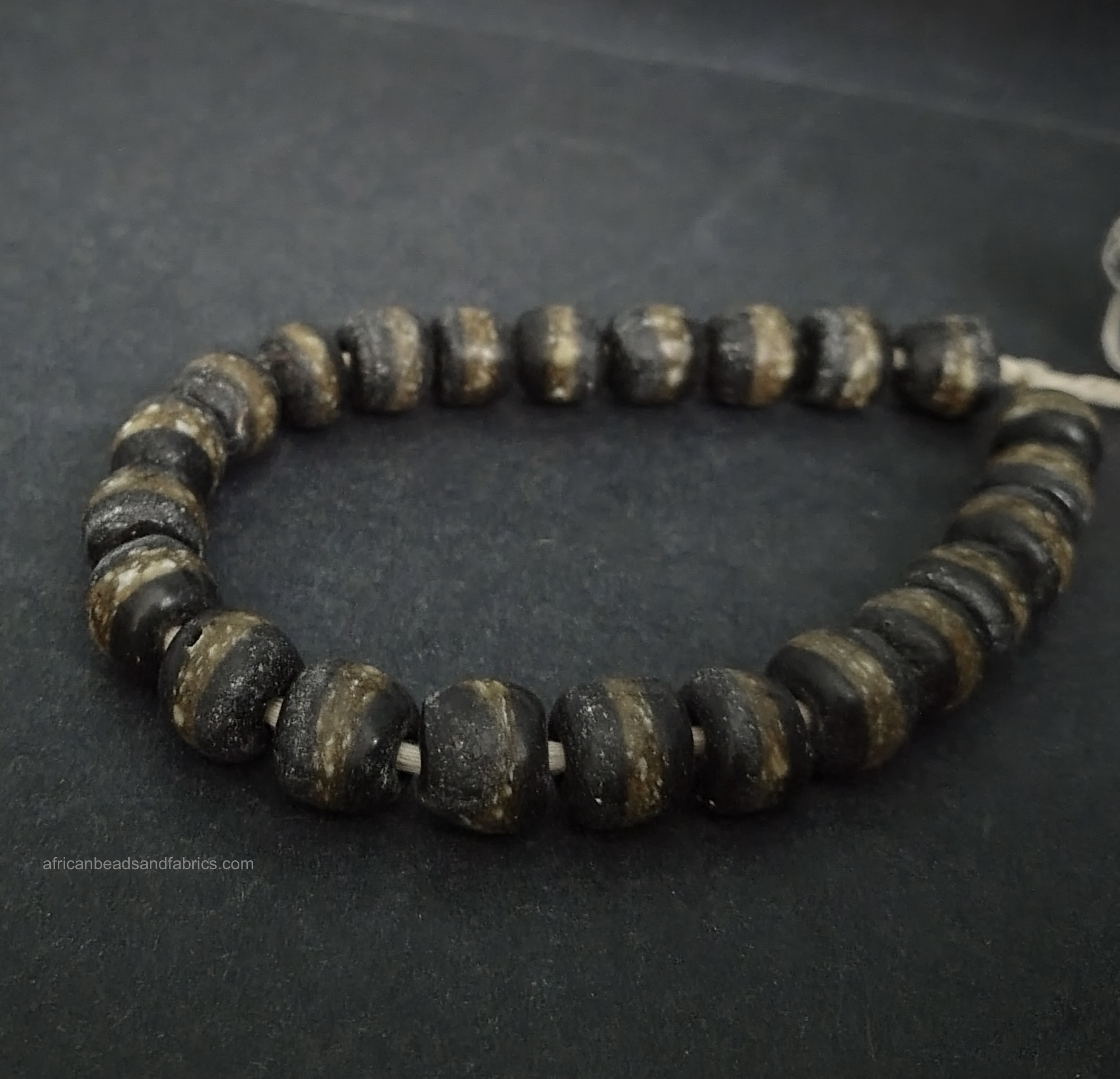 African Beads Krobo Recycled Glass Black Beige 13mm round