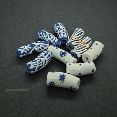 African Recycled Glass Tube Beads Blue and white