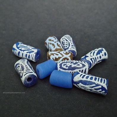 African Tube Beads Recycled Glass Mixed Lot 9 blue