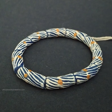 Large African Tube Beads Ghana Recycled Glass Blue/Cream